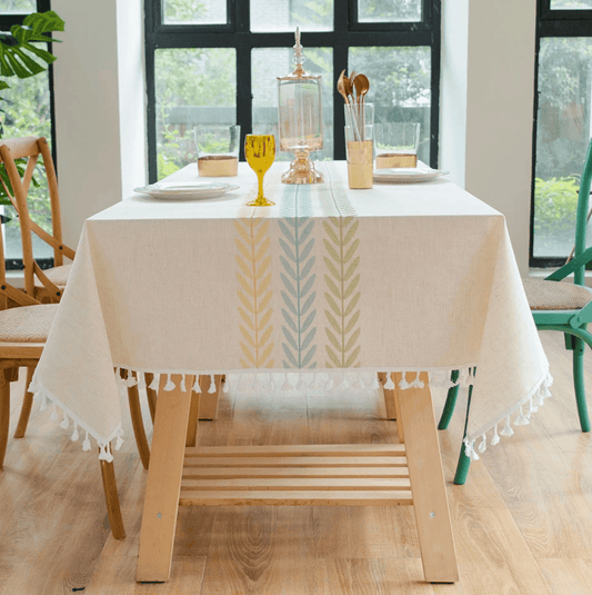 Blue Green Embroidery Tassel Tablecloth