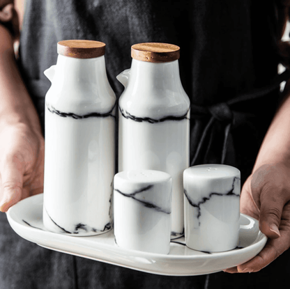 Set of 4 Ceramic Salt Pepper Oil Bottle Set
